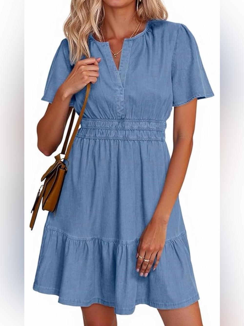 Women's V neck A line Tired Mini Casual Chambray Dress -with Pockets Blue 4X